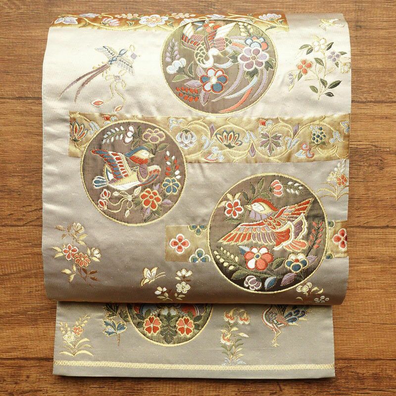 袋帯 本金二重箔 扇面花鳥 文六通柄 良品 フォーマル用 正絹 古典柄 箔