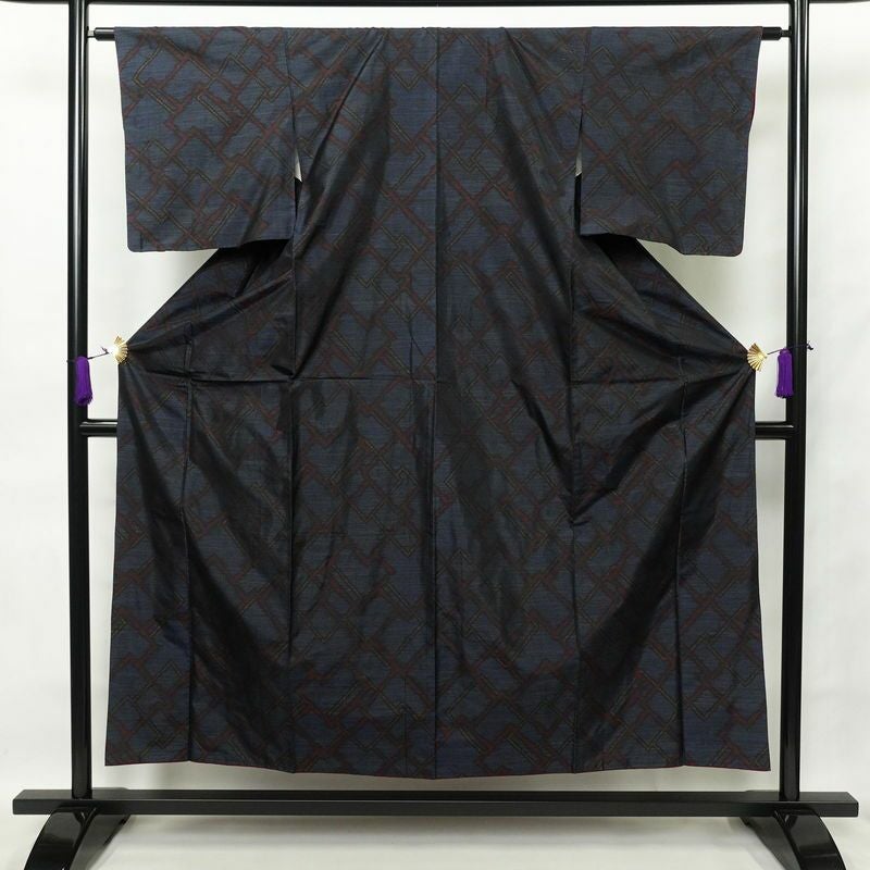 紬 正絹 幾何学柄・抽象柄 袷仕立て 身丈154.5cm 裄丈63cm 着物 青・紺_画像1