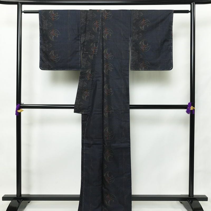 本場大島紬 純泥染 良品 証紙あり しつけ糸付き 正絹 花柄 袷仕立て 身丈163.5cm 裄丈66.5cm 青・紺_画像2