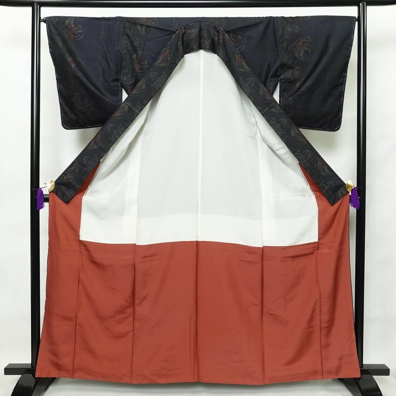 本場大島紬 純泥染 良品 証紙あり しつけ糸付き 正絹 花柄 袷仕立て 身丈163.5cm 裄丈66.5cm 青・紺_画像3