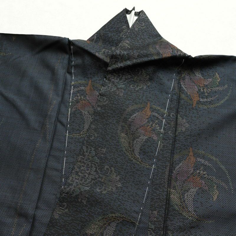 本場大島紬 純泥染 良品 証紙あり しつけ糸付き 正絹 花柄 袷仕立て 身丈163.5cm 裄丈66.5cm 青・紺_画像14