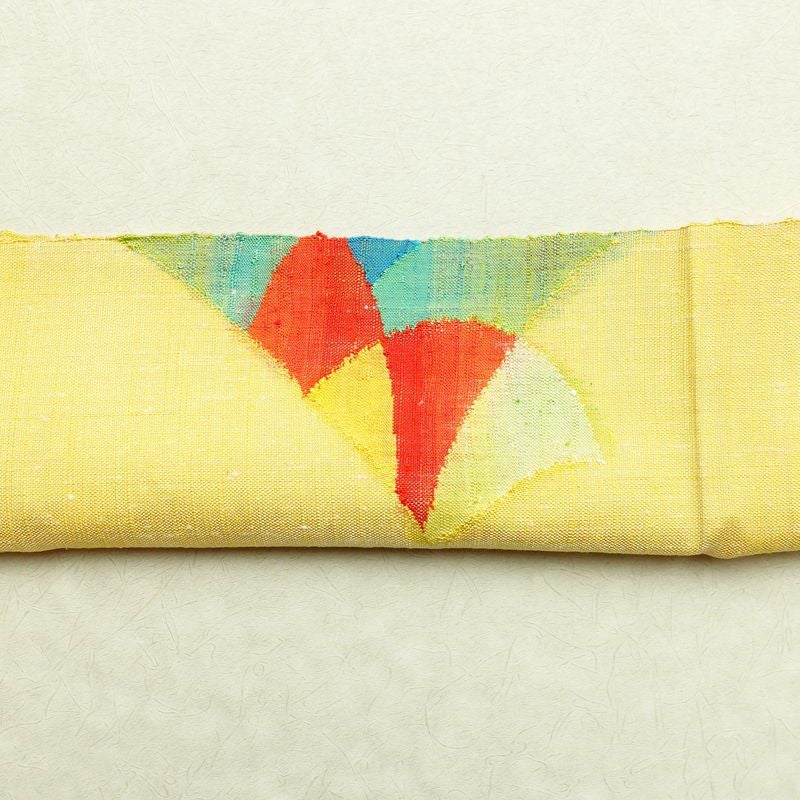 名古屋帯 紬地 太鼓柄 良品 正絹 古典柄 通し仕立て 黄・黄土色_画像12