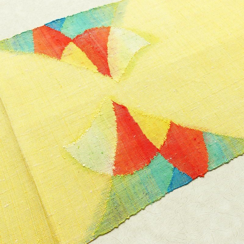 名古屋帯 紬地 太鼓柄 良品 正絹 古典柄 通し仕立て 黄・黄土色_画像14