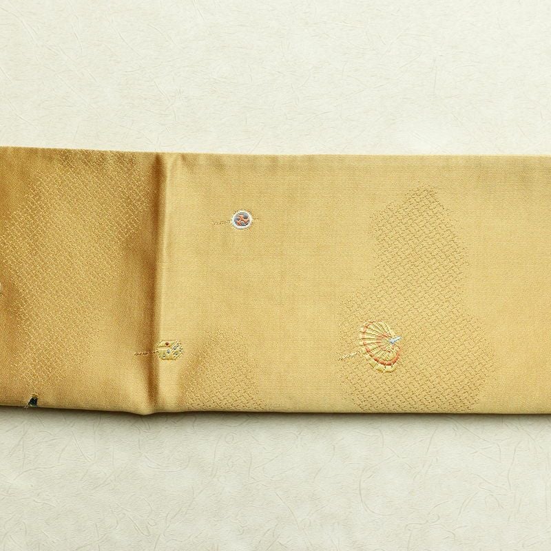袋帯 六通柄 正絹 古典柄 刺繍 独楽 傘 黄・黄土色_画像16