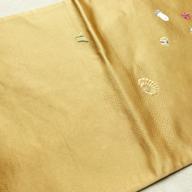袋帯 六通柄 正絹 古典柄 刺繍 独楽 傘 黄・黄土色_画像18