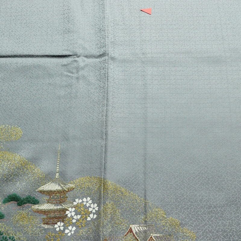 付け下げ 良品 しつけ糸付き 一つ紋付き 正絹 風景柄 袷仕立て 身丈160cm 裄丈64cm 箔 刺繍 青・紺_画像12