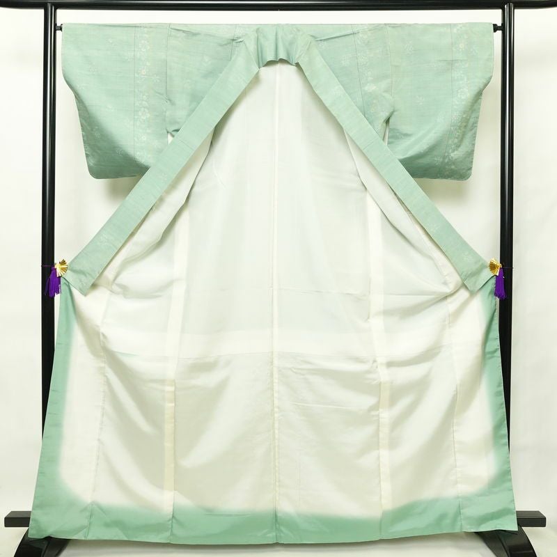 紬 しつけ糸付き 正絹 花柄 袷仕立て 身丈165cm 裄丈65.5cm 緑・うぐいす色_画像3
