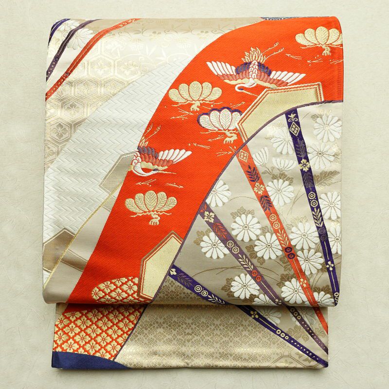 袋帯 六通柄 フォーマル用 正絹 古典柄 扇面 箔 ベージュ_画像1