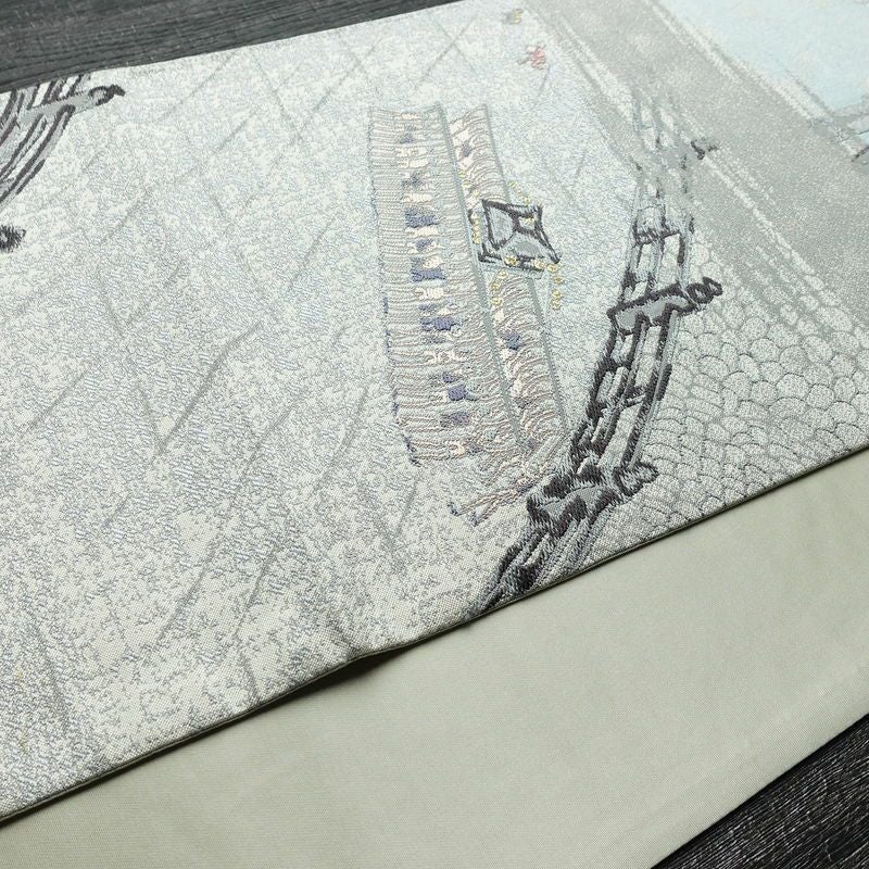 袋帯 六通柄 フォーマル用 正絹 風景柄 金糸 グレー_画像12