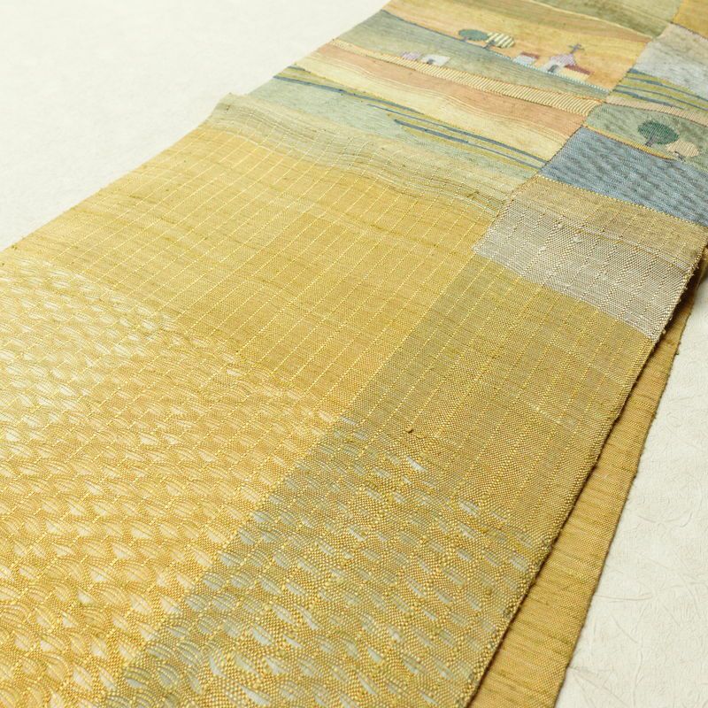 袋帯 太鼓柄 良品 すくい織 一般用 正絹 風景柄 黄・黄土色_画像10