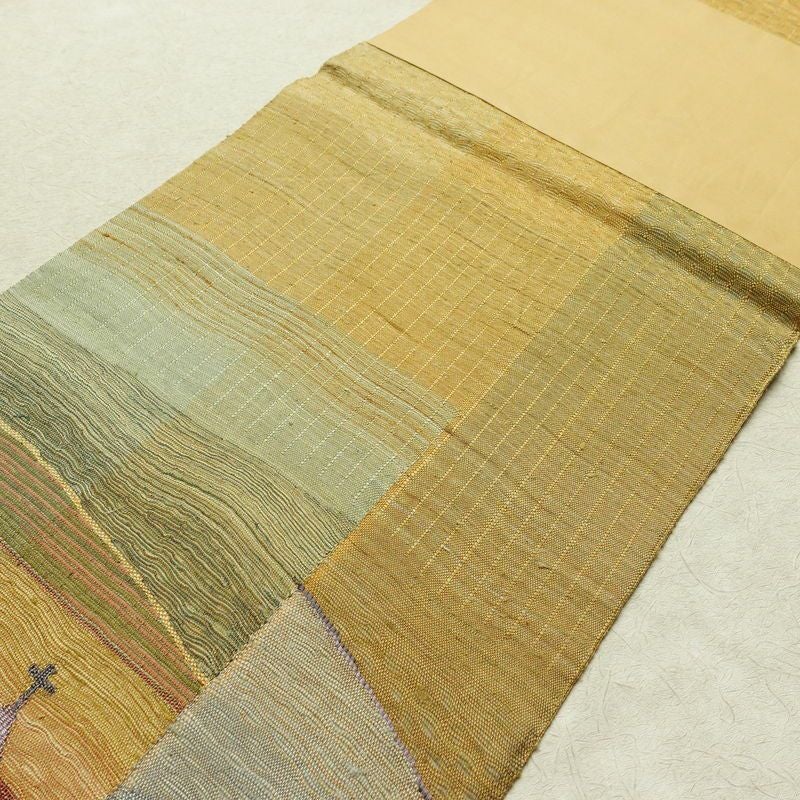 袋帯 太鼓柄 良品 すくい織 一般用 正絹 風景柄 黄・黄土色_画像14