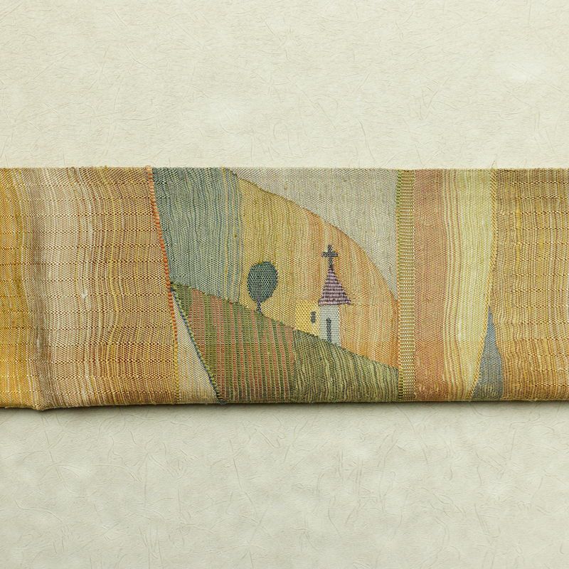 袋帯 太鼓柄 良品 すくい織 一般用 正絹 風景柄 黄・黄土色_画像18
