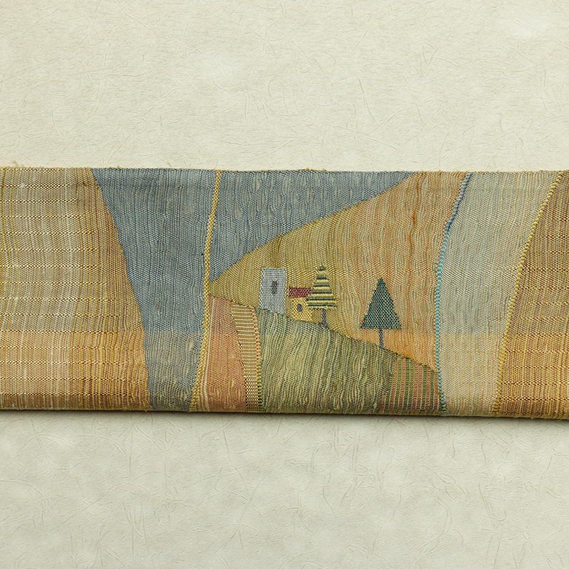 袋帯 太鼓柄 良品 すくい織 一般用 正絹 風景柄 黄・黄土色_画像19