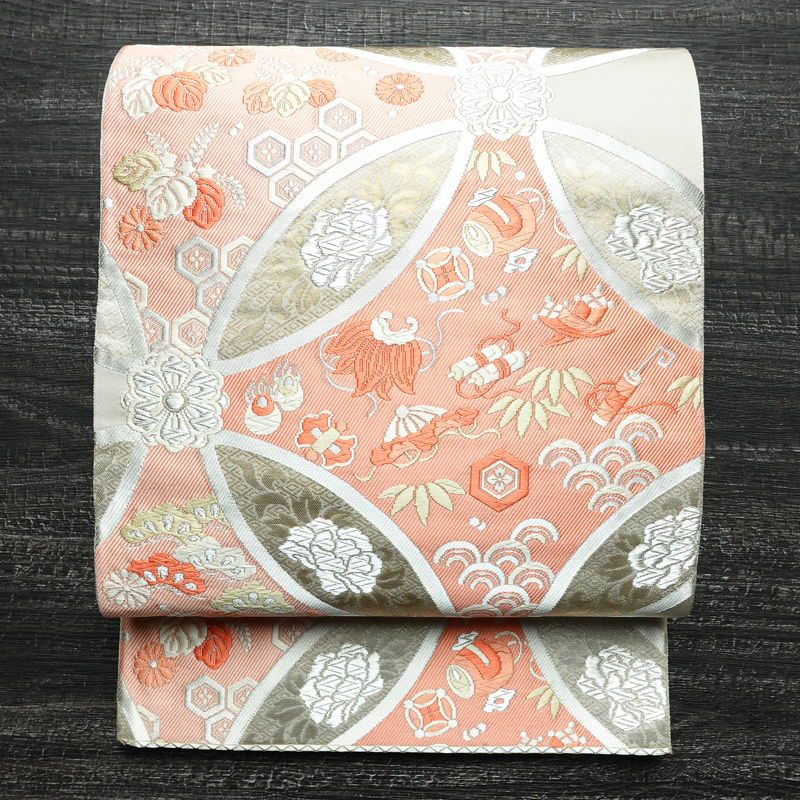 袋帯 六通柄 フォーマル用 正絹 七宝 古典柄 箔 グレー_画像1