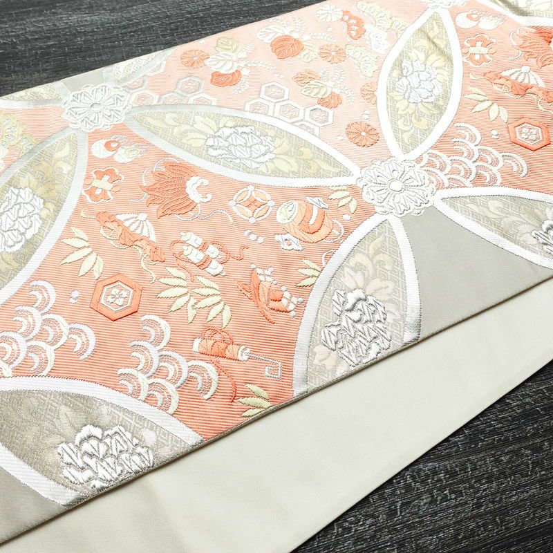 袋帯 六通柄 フォーマル用 正絹 七宝 古典柄 箔 グレー_画像10
