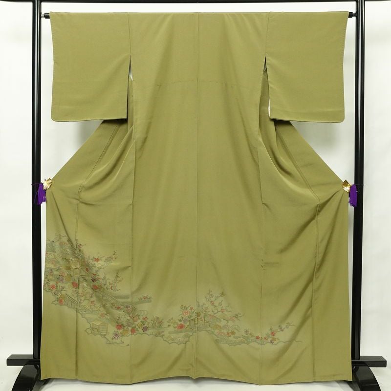 付け下げ 良品 スワトウ刺繍 正絹 古典柄 袷仕立て 身丈165.5cm 裄丈65.5cm 刺繍 緑・うぐいす色_画像1