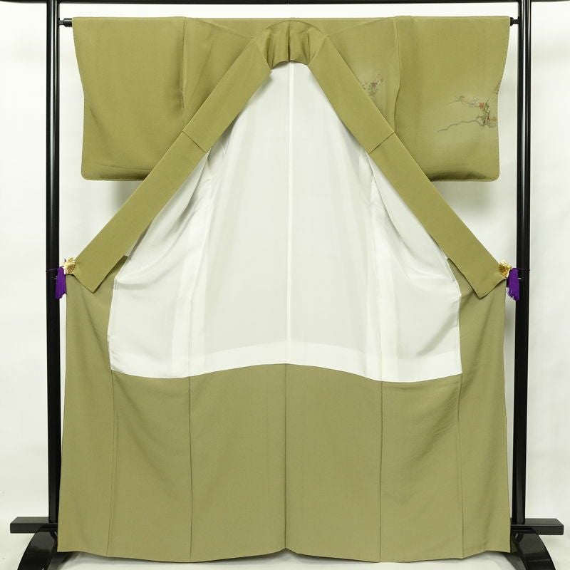 付け下げ 良品 スワトウ刺繍 正絹 古典柄 袷仕立て 身丈165.5cm 裄丈65.5cm 刺繍 緑・うぐいす色_画像3