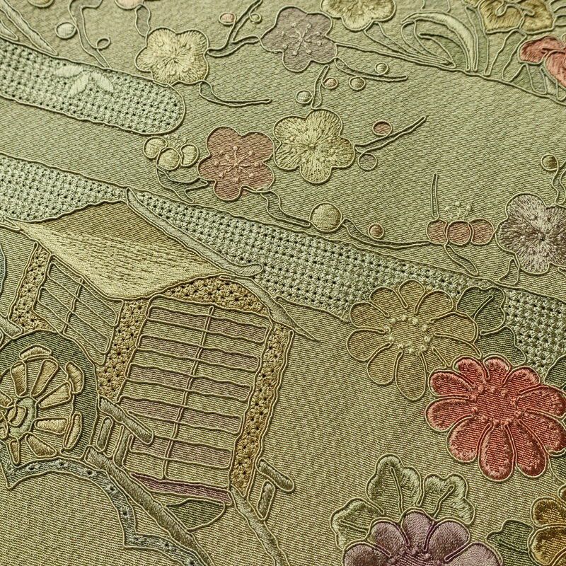 付け下げ 良品 スワトウ刺繍 正絹 古典柄 袷仕立て 身丈165.5cm 裄丈65.5cm 刺繍 緑・うぐいす色_画像8