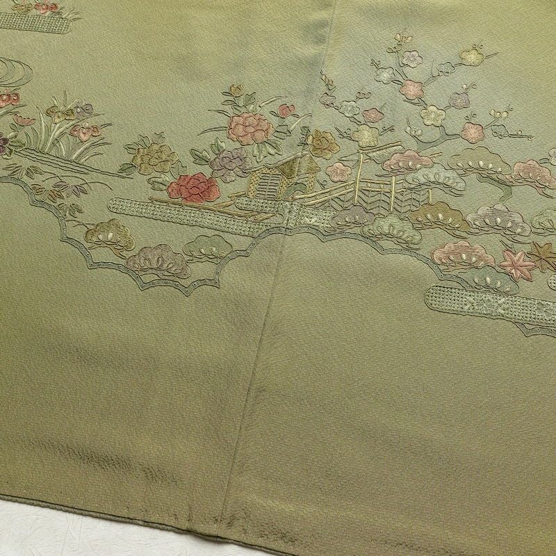 付け下げ 良品 スワトウ刺繍 正絹 古典柄 袷仕立て 身丈165.5cm 裄丈65.5cm 刺繍 緑・うぐいす色_画像12