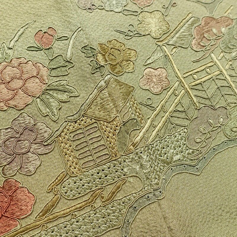 付け下げ 良品 スワトウ刺繍 正絹 古典柄 袷仕立て 身丈165.5cm 裄丈65.5cm 刺繍 緑・うぐいす色_画像14