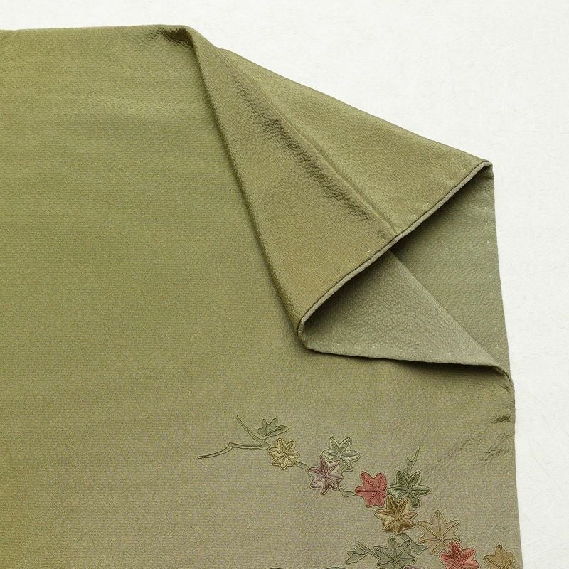 付け下げ 良品 スワトウ刺繍 正絹 古典柄 袷仕立て 身丈165.5cm 裄丈65.5cm 刺繍 緑・うぐいす色_画像16