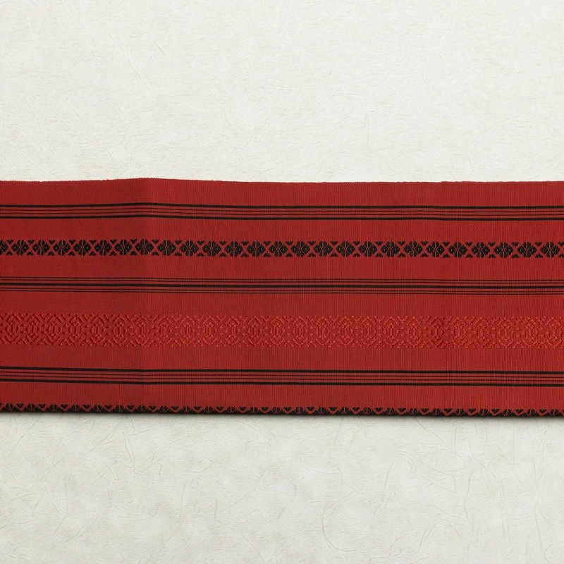 名古屋帯 全通柄 正絹 縞柄・線柄 松葉仕立て 赤・朱_画像12