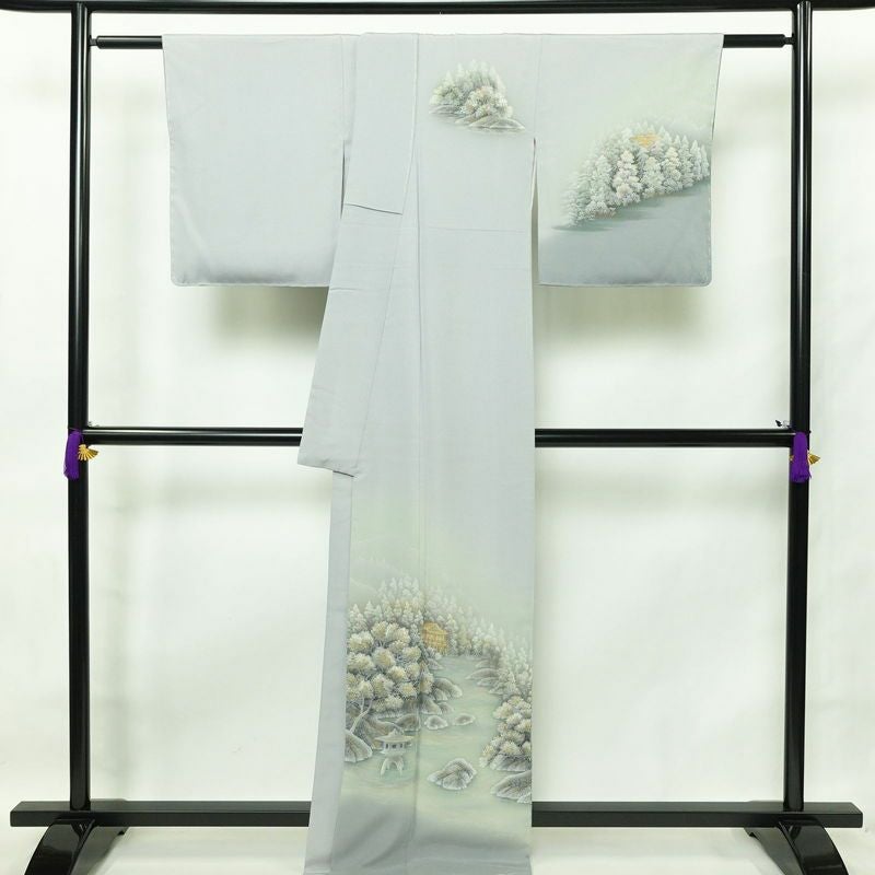 付け下げ しつけ糸付き 縮緬 正絹 風景柄 袷仕立て 身丈165cm 裄丈68cm 箔 金彩 青・紺_画像2