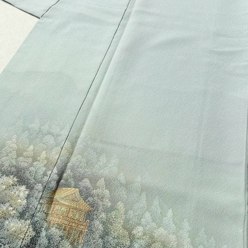 付け下げ しつけ糸付き 縮緬 正絹 風景柄 袷仕立て 身丈165cm 裄丈68cm 箔 金彩 青・紺_画像5