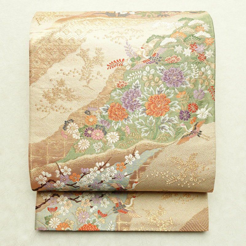 【着物】袋帯 お太鼓柄 金銀糸 古典花文 24b-2840 袋帯 太鼓柄 良品 フォーマル用 正絹 花柄 金糸 銀糸 帯 白 | 太鼓柄