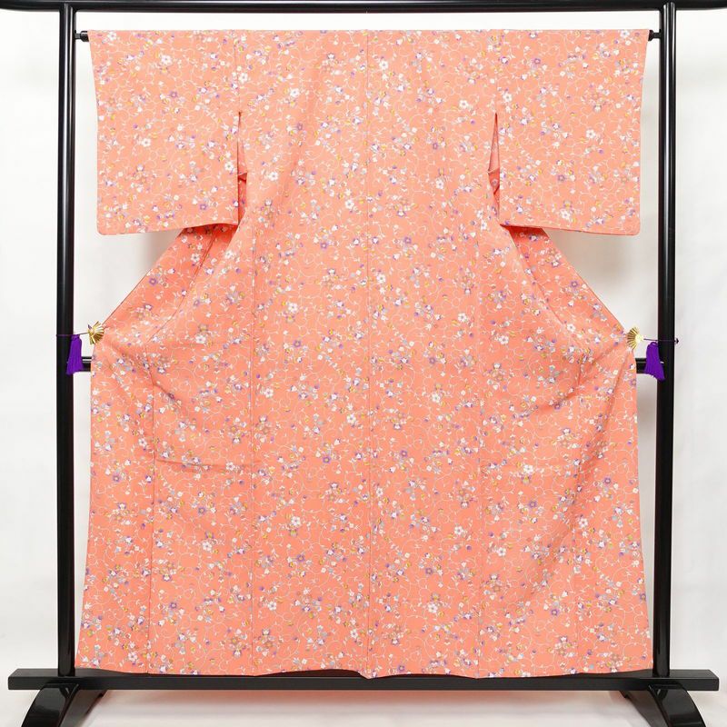 単衣 小紋 良品 縮緬 ポリエステル 花柄 単衣仕立て 身丈154.5cm 裄丈65.5cm ピンク_画像1