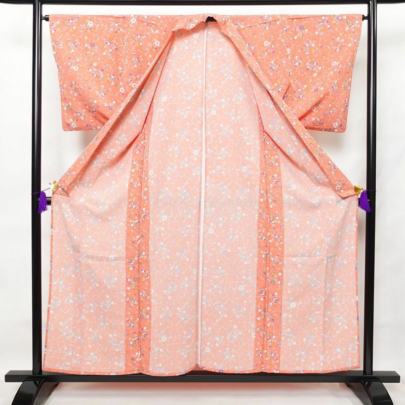 単衣 小紋 良品 縮緬 ポリエステル 花柄 単衣仕立て 身丈154.5cm 裄丈65.5cm ピンク_画像3