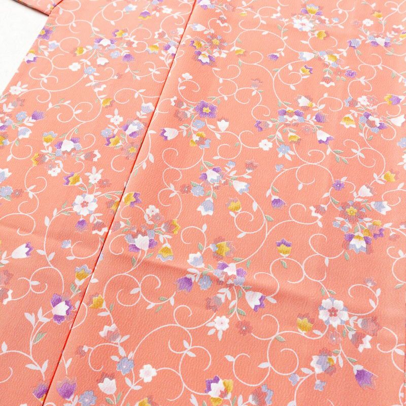 単衣 小紋 良品 縮緬 ポリエステル 花柄 単衣仕立て 身丈154.5cm 裄丈65.5cm ピンク_画像5