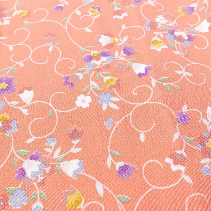 単衣 小紋 良品 縮緬 ポリエステル 花柄 単衣仕立て 身丈154.5cm 裄丈65.5cm ピンク_画像6