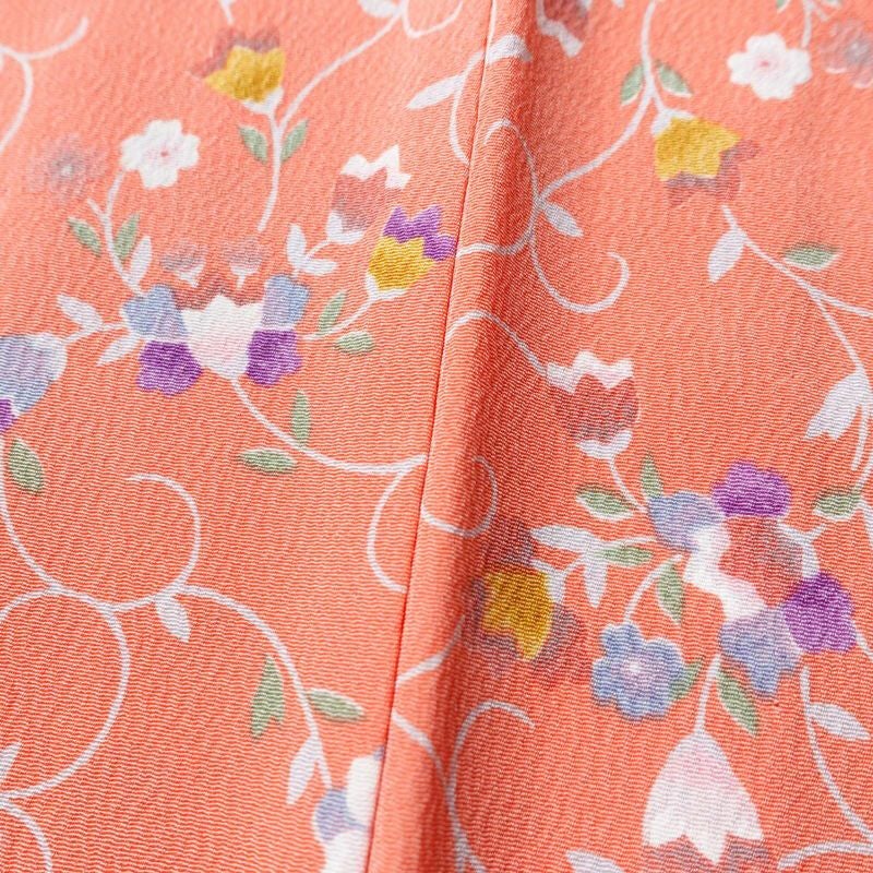 単衣 小紋 良品 縮緬 ポリエステル 花柄 単衣仕立て 身丈154.5cm 裄丈65.5cm ピンク_画像10
