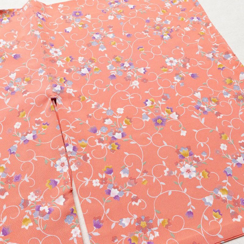 単衣 小紋 良品 縮緬 ポリエステル 花柄 単衣仕立て 身丈154.5cm 裄丈65.5cm ピンク_画像13
