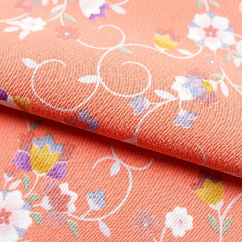 単衣 小紋 良品 縮緬 ポリエステル 花柄 単衣仕立て 身丈154.5cm 裄丈65.5cm ピンク_画像20