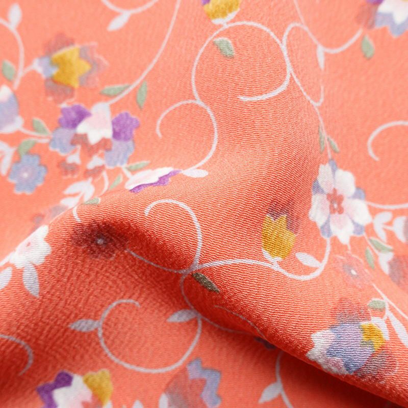 単衣 小紋 良品 縮緬 ポリエステル 花柄 単衣仕立て 身丈154.5cm 裄丈65.5cm ピンク_画像21