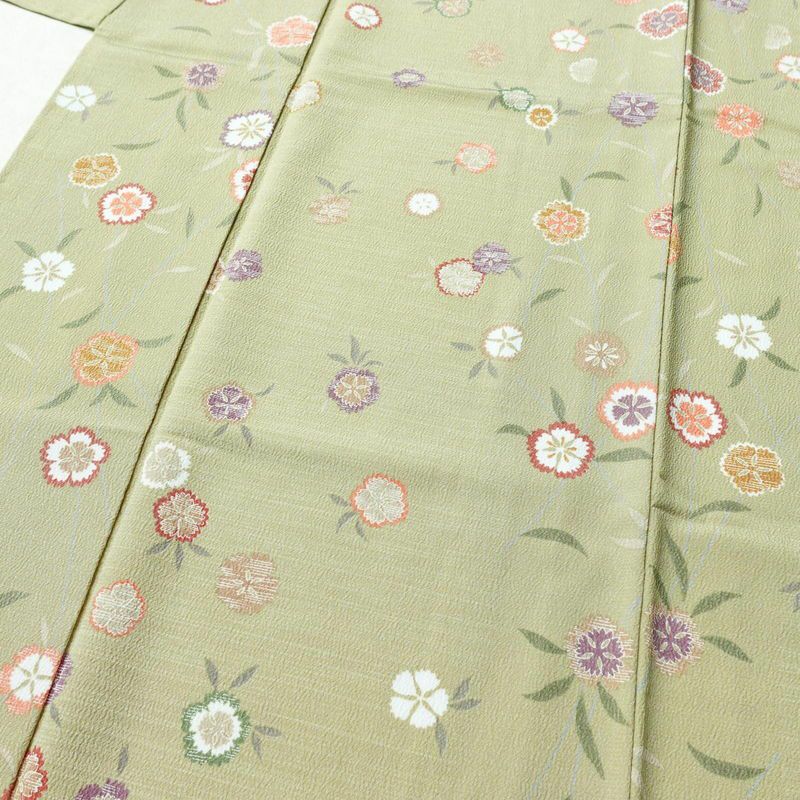 小紋 良品 縮緬 正絹 花柄 袷仕立て 身丈162cm 裄丈68.5cm 緑・うぐいす色_画像5