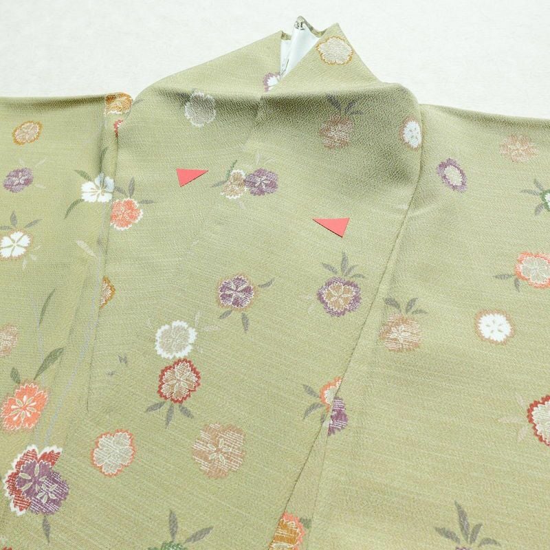 小紋 良品 縮緬 正絹 花柄 袷仕立て 身丈162cm 裄丈68.5cm 緑・うぐいす色_画像15