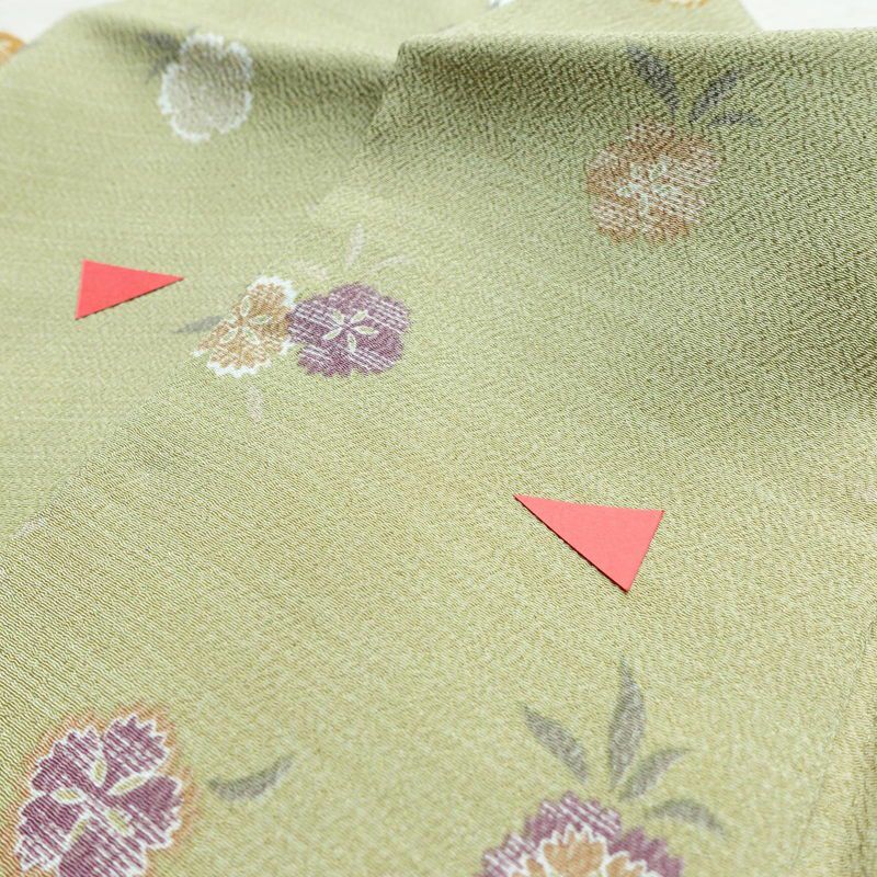 小紋 良品 縮緬 正絹 花柄 袷仕立て 身丈162cm 裄丈68.5cm 緑・うぐいす色_画像16