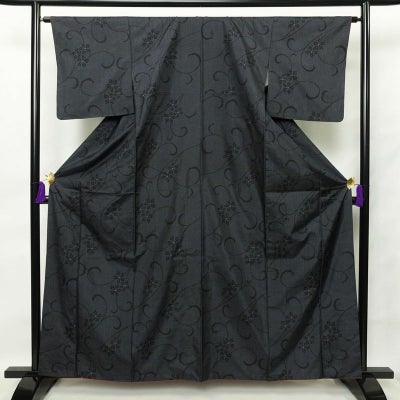 紬 正絹 木の葉・植物柄 袷仕立て 身丈161.5cm 裄丈64cm 青・紺