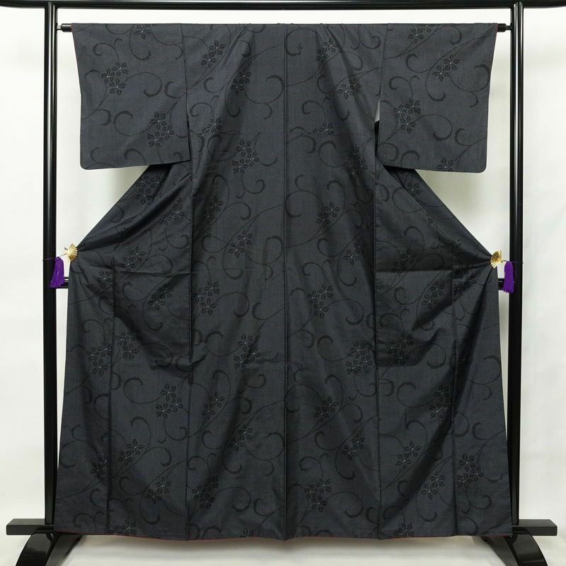 紬 正絹 木の葉・植物柄 袷仕立て 身丈161.5cm 裄丈64cm 青・紺_画像1