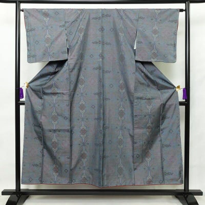 紬 美品 しつけ糸付き 正絹 幾何学柄・抽象柄 袷仕立て 身丈152.5cm 裄丈65.5cm 青・紺