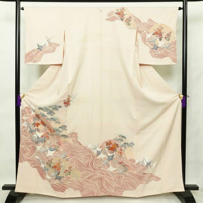 訪問着 一つ紋付き 正絹 古典柄 袷仕立て 身丈164cm 裄丈65.5cm 箔 鶴 松 波 ピンク