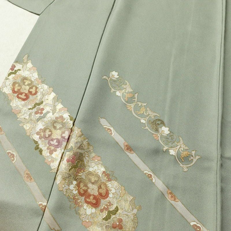 訪問着 正絹 盛り上げ箔 幾何学柄・抽象柄 袷仕立て 身丈165cm 裄丈67cm 緑・うぐいす色_画像5