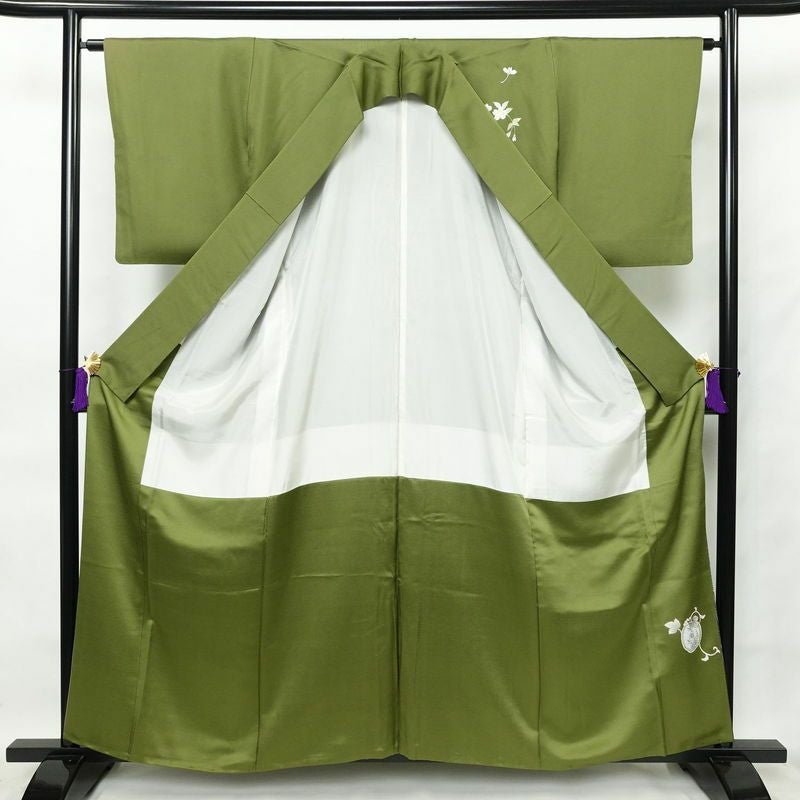 付け下げ 正絹 木の葉・植物柄 袷仕立て 身丈159cm 裄丈65cm 緑・うぐいす色_画像3