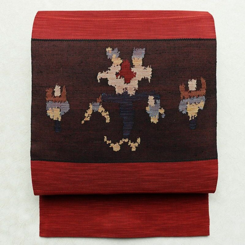 名古屋帯 未使用品 紬 つむぎ 松葉仕立 鳥柄 植物柄 赤銅色 NO-865 名古屋帯 未使用品 紬 つむぎ 松葉仕立 鳥柄 植物柄 赤銅色 NO-865
