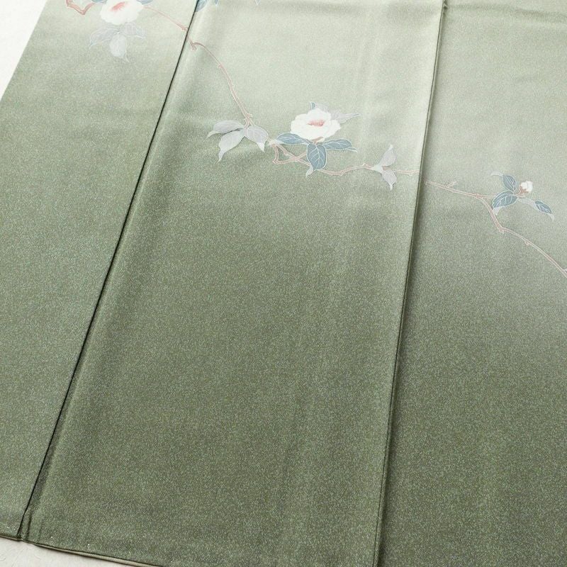 訪問着 良品 縮緬 正絹 木の葉・植物柄 袷仕立て 身丈159.5cm 裄丈65.5cm 緑・うぐいす色_画像4