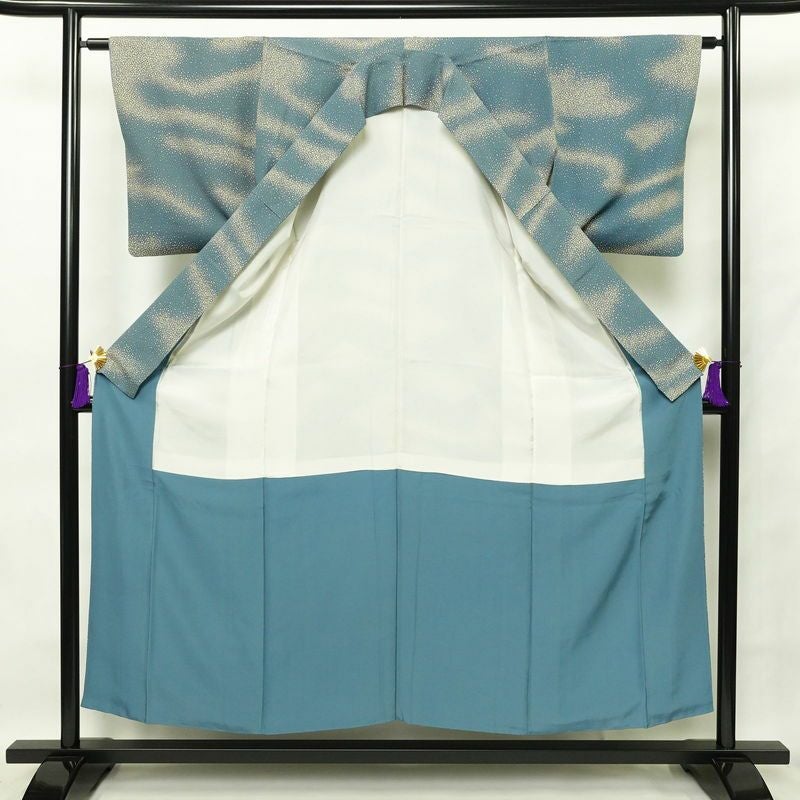 小紋 縮緬 正絹 幾何学柄・抽象柄 袷仕立て 身丈154cm 裄丈63.5cm 一部しつけ糸付き 青・紺_画像3