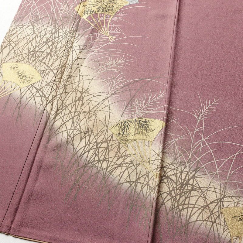 付け下げ 良品 正絹 木の葉・植物柄 袷仕立て 身丈162cm 裄丈64.5cm 箔 小豆・エンジ_画像4